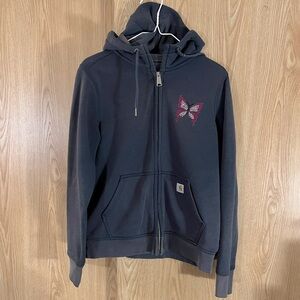 🦋 Carhartt Denim Blue Butterfly Bedazzled Hoodie Sweatshirt Jacket